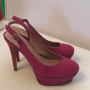 Pour la Victoire pink suede sling back stilettos.